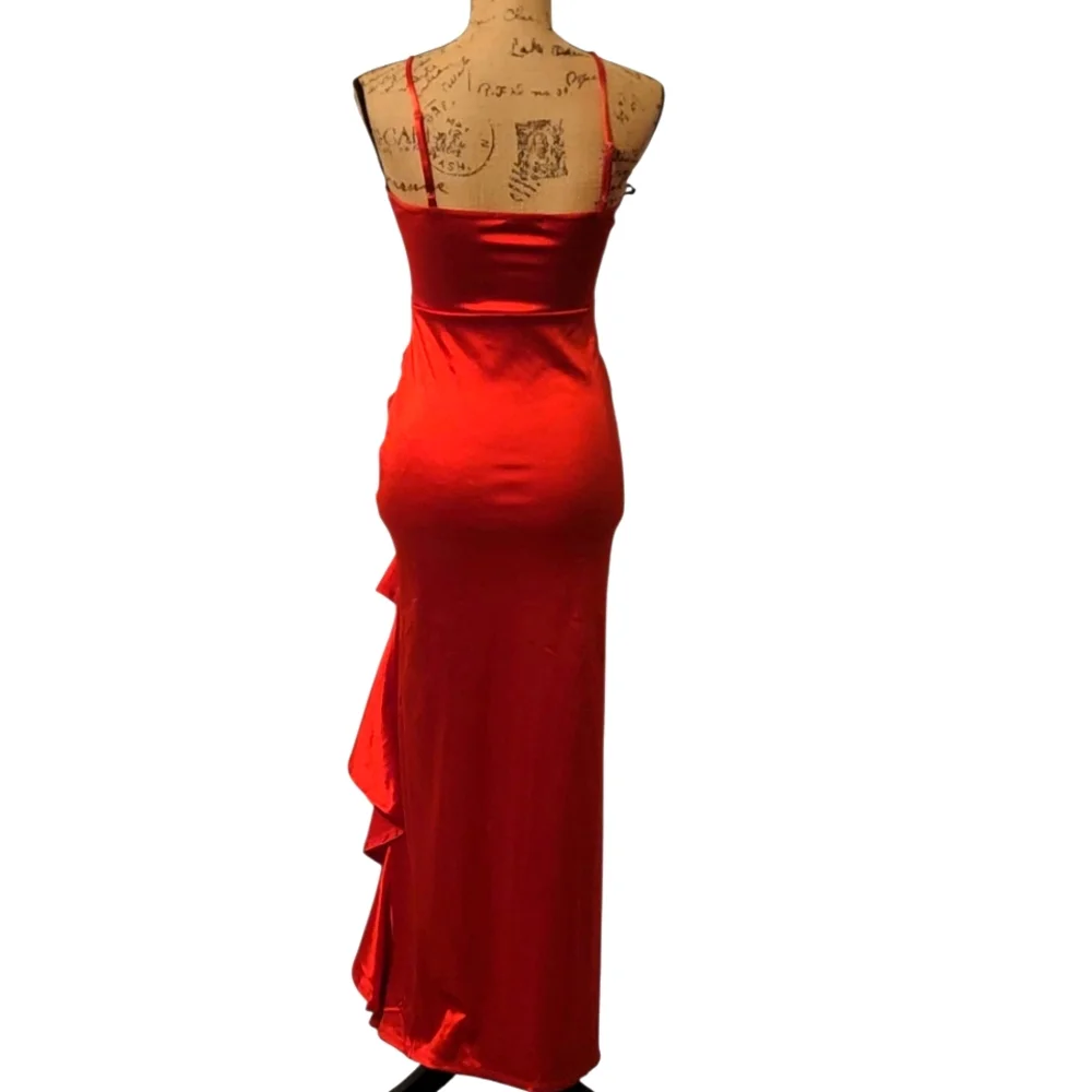 Liz & Sara Satin Ruched Ruffle Spaghetti Strap Bodycon Slip Dress